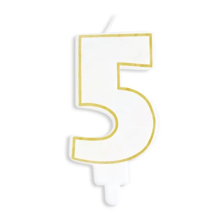 Bougie chiffre 5 blanche avec liseré doré