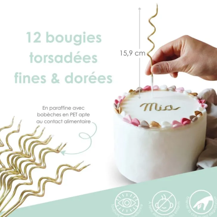 Bougies d'anniversaire torsadées dorées x12