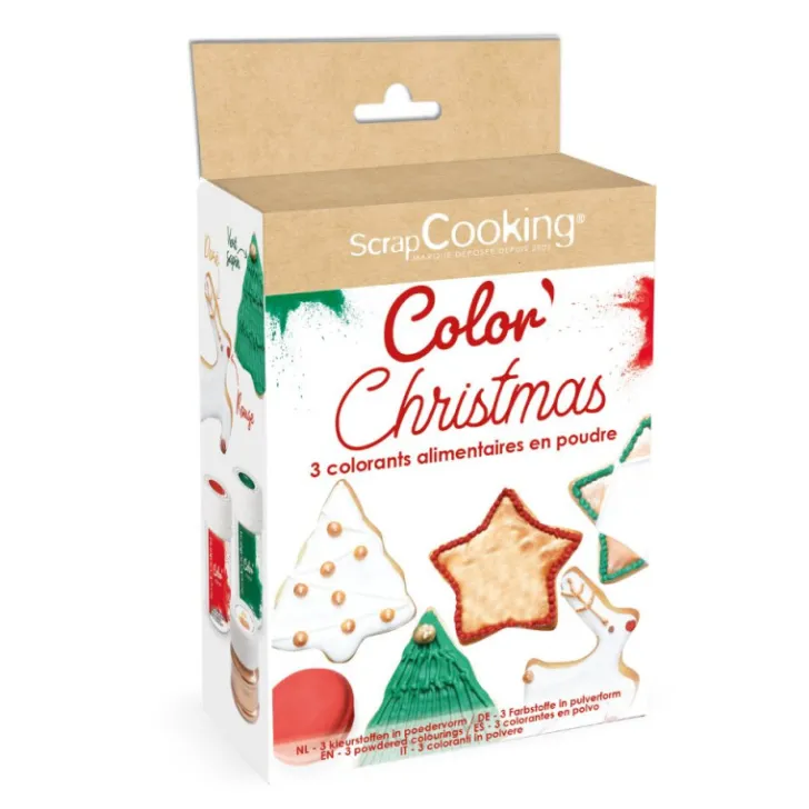 3 colorants en poudre Noël vert, rouge, doré