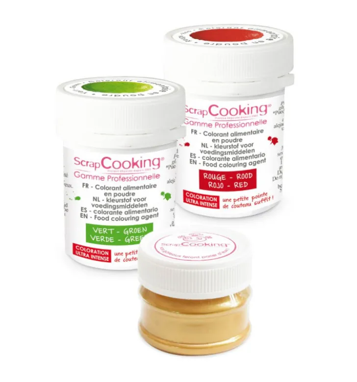3 colorants en poudre Noël vert, rouge, doré