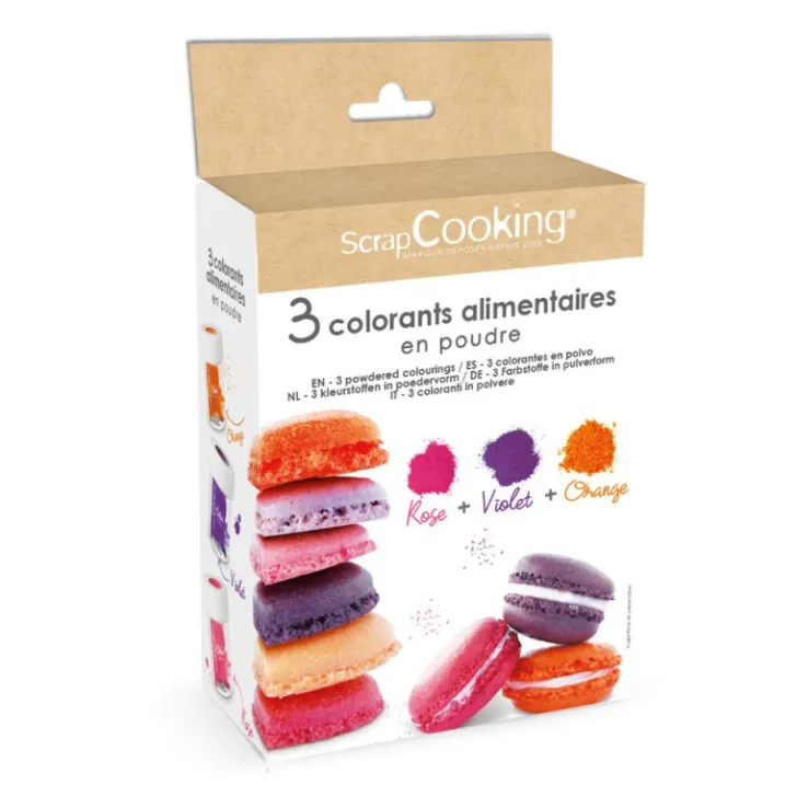3 colorants en poudre orange, violet, rose