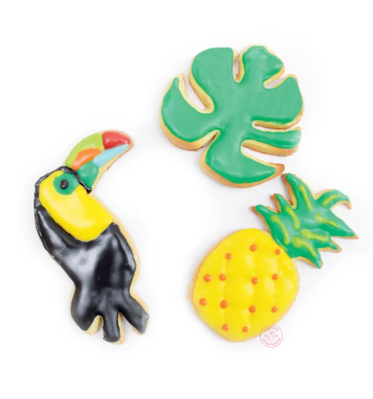 3 emporte-pièces dorés toucan/ananas/feuille