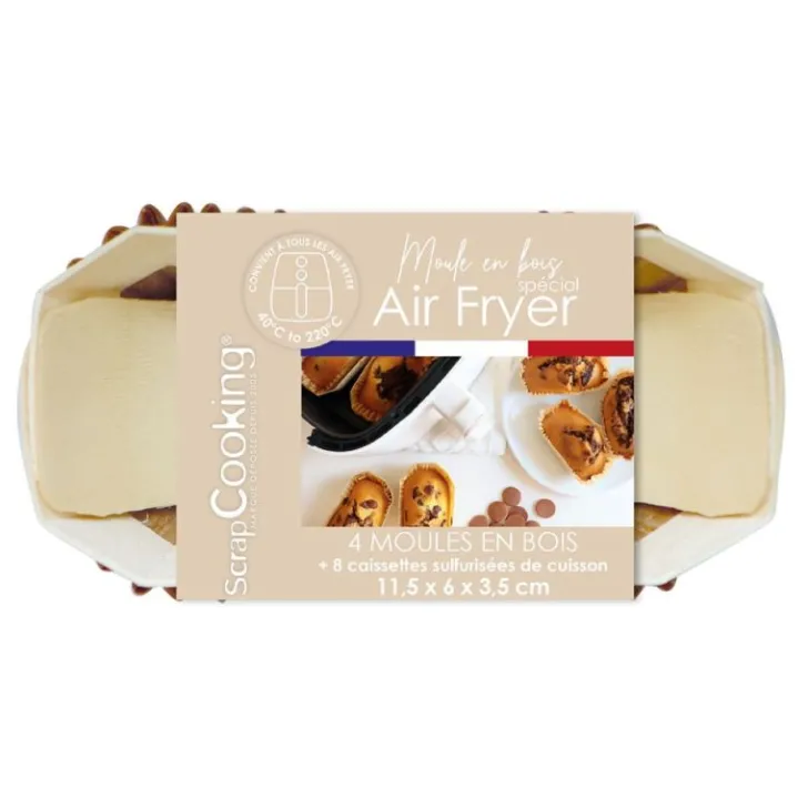 4 moules airfryer rectangulaires en bois avec 8 caissettes sulfurisées