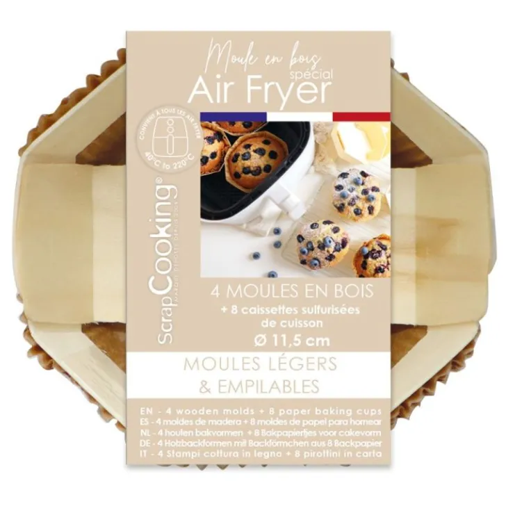 4 moules airfryer ronds en bois Ø 11,5 cm avec 8 caissettes sulfurisées