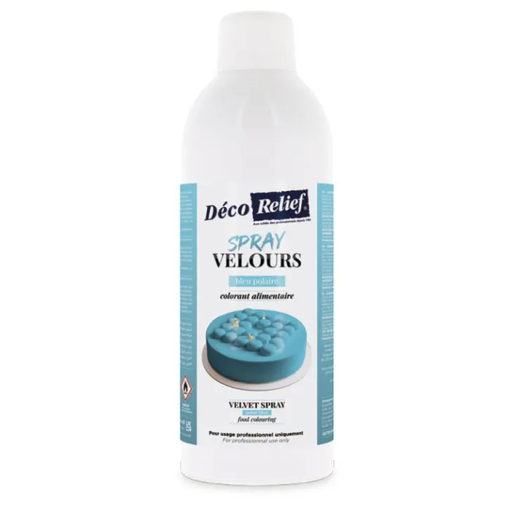 Spray velours alimentaire en bombe bleu polaire effet velours pour pâtisserie - 400 ml