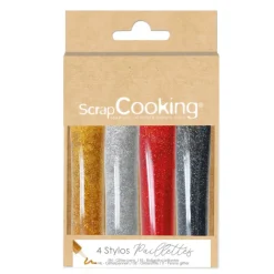 4 stylos alimentaires pailletés noir, rouge, argenté et doré