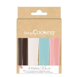 4 stylos choco blanc, rose, bleu, choco